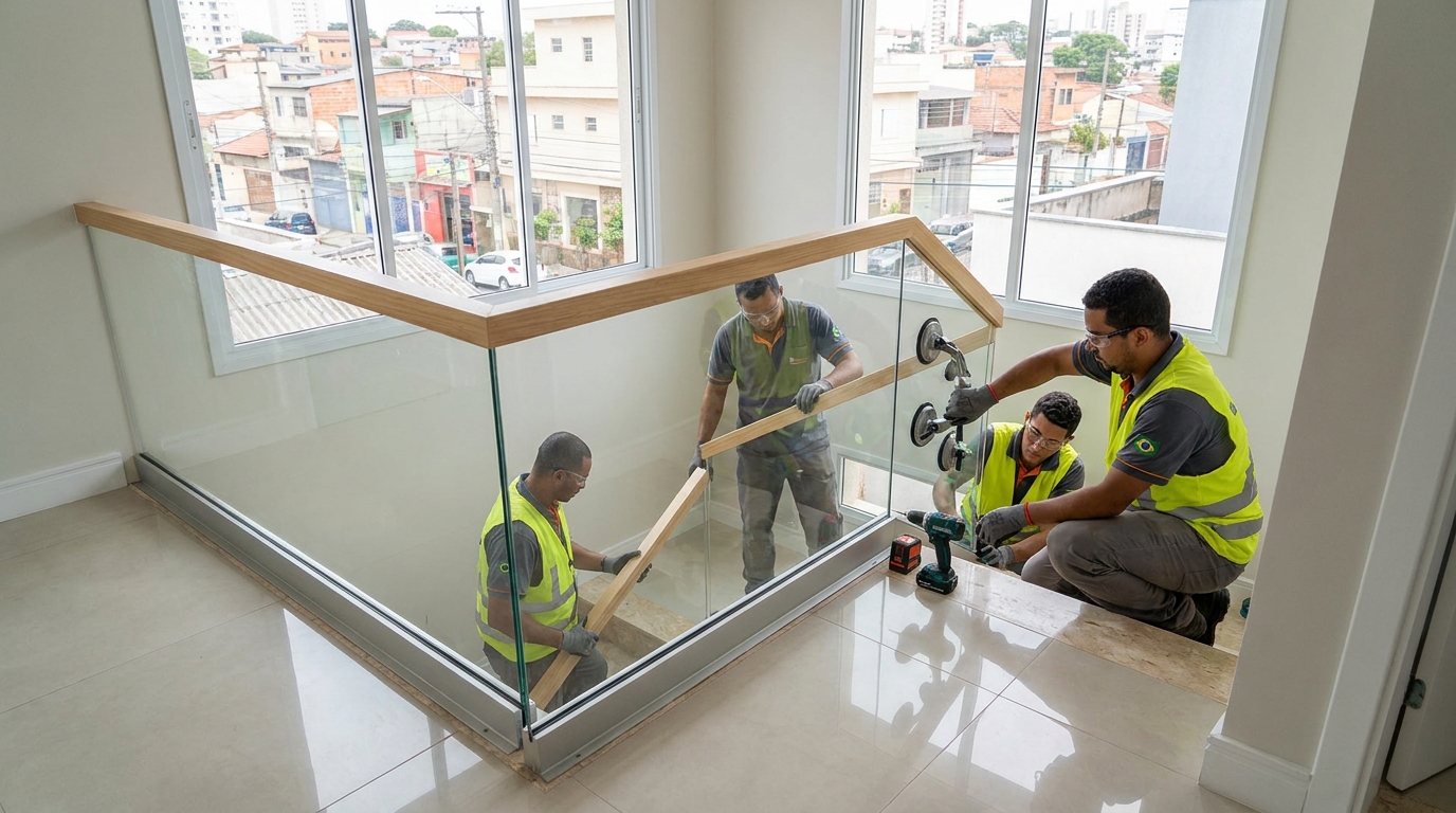 Mezanino interno com guarda-corpo de vidro em Vitória-ES