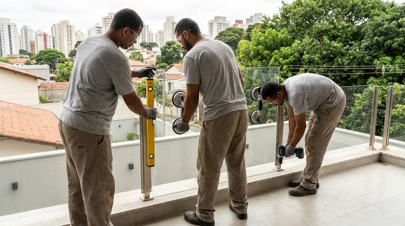 Guarda-corpo em terraço alto com vista cidade em Vitória-ES