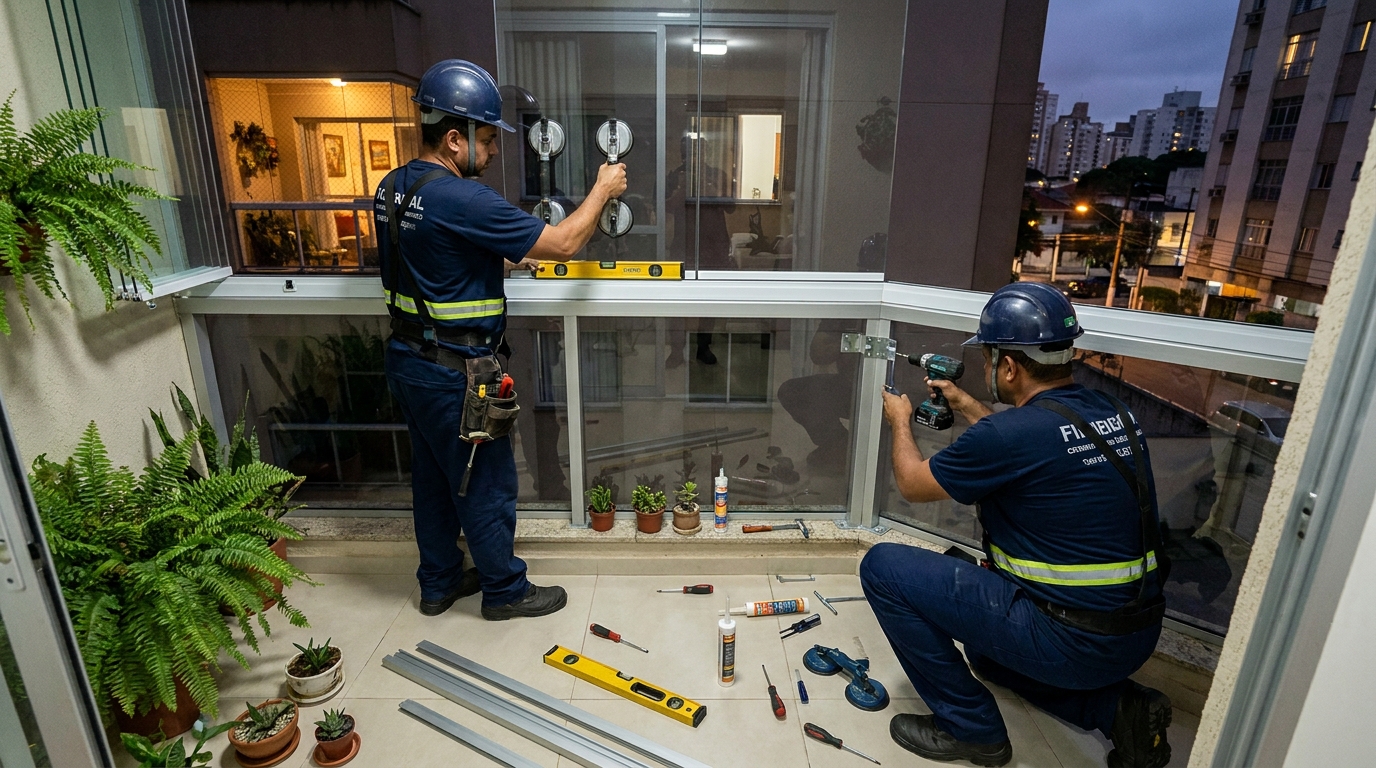 Instalação noturna de parede de vidro em Vitória-ES